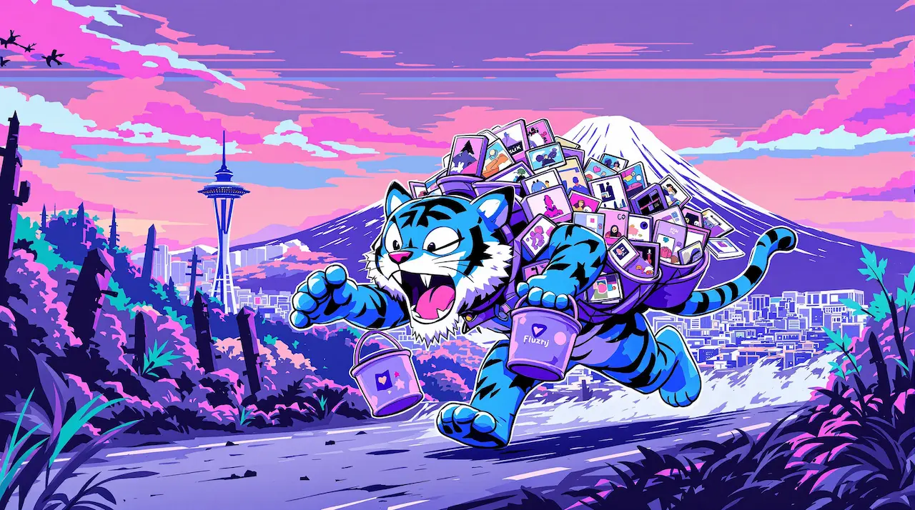 A cartoon tiger running from datacentre to datacentre, buckets full of objects in tow