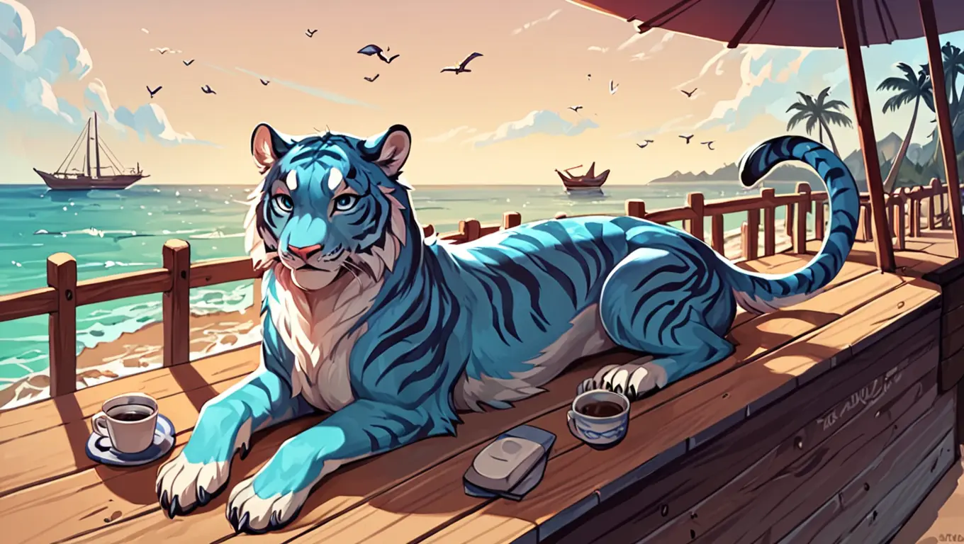 A prone cartoon tiger vibing on a pier with coffee