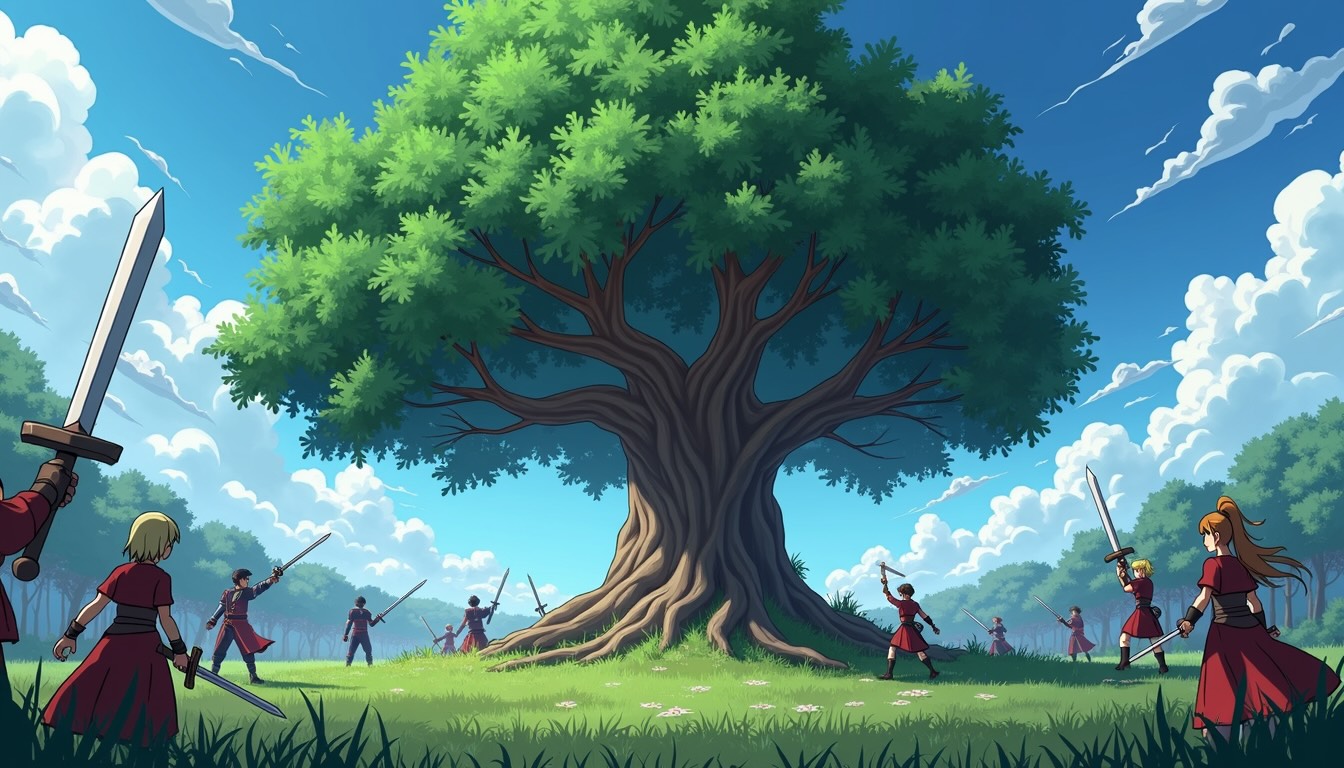 A battle rages on in the field, yet the strong oak tree remains unscathed