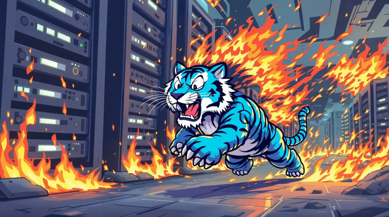 A cartoon tiger desperately runs away from a datacentre fire