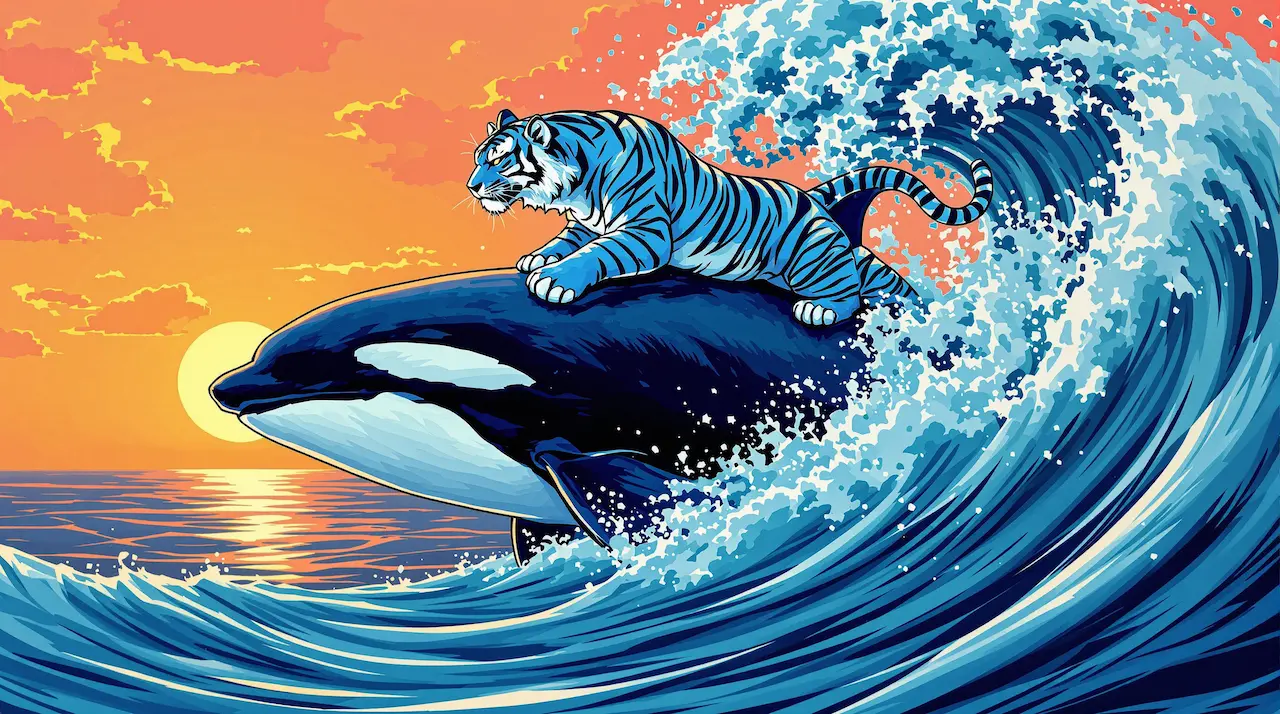 A majestic blue tiger surfing on the back of a killer whale. The image evokes Ukiyo-E style framing.